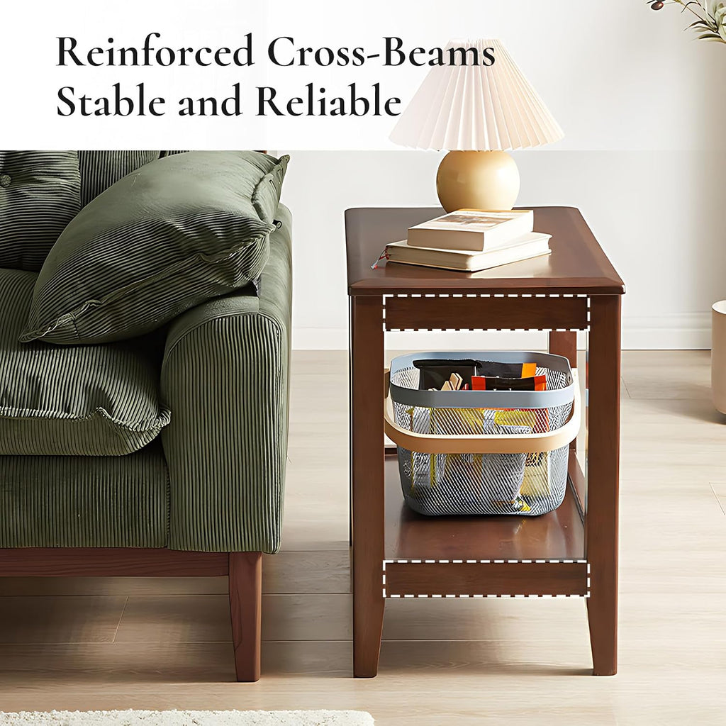 Side Table, Solid Wood Rectangular End Table with Storage Shelf, 2-Tier Coffee Table for Living Room, Rubber Wood Small Sofa Table, Nightstand 19.69 H x 13.39 W x 23.62 D Inches (Walnut)
