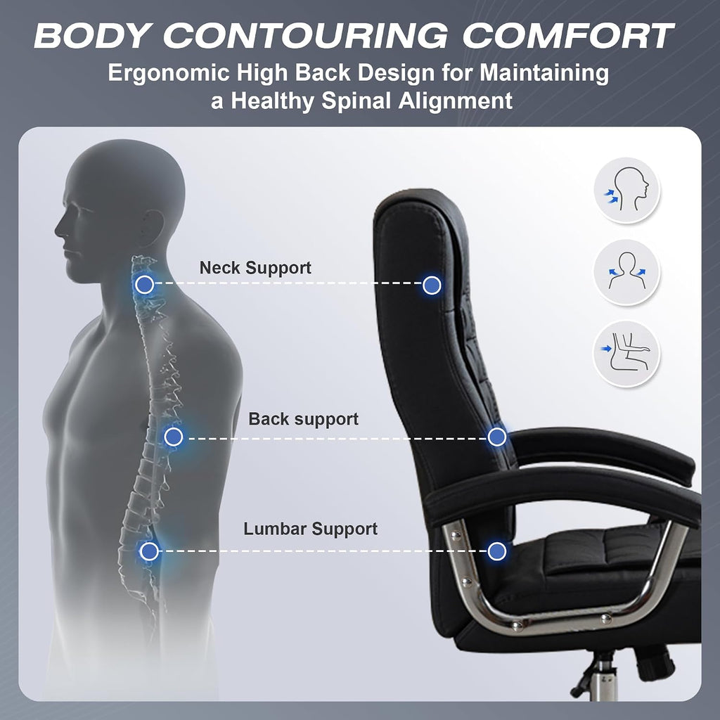Executive Office Chair Adjustable Leather Chair, High Back Swivel Office Desk Chair with Padded, Armrest 350lbs Load-Bearing Spring Seat Computer Desk Chair for Home Office, Black