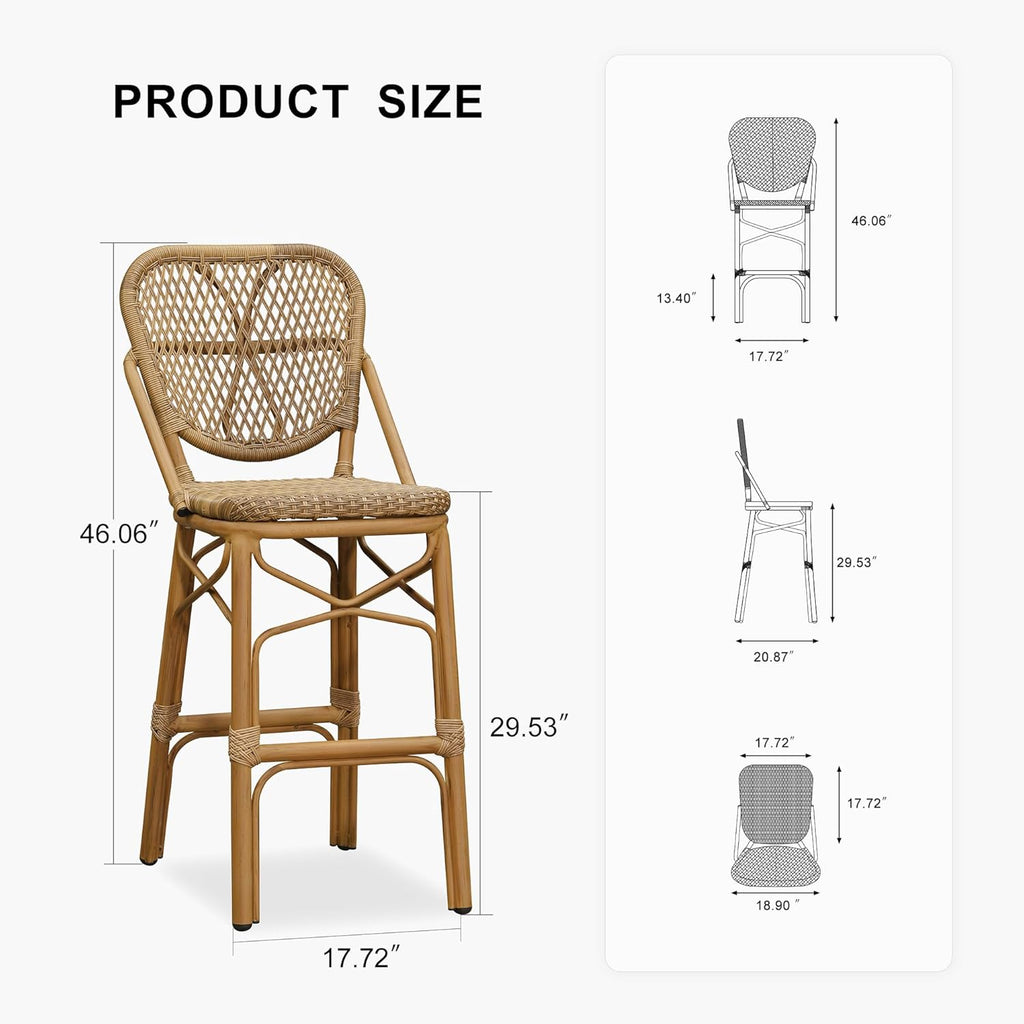 PURPLE LEAF French Bar Stools Set of 2 Patio Rattan Aluminum Bar Height Bamboo Pattern Finish Barstools with Back for Pool Garden Kitchen Island Outdoor Bar Chairs, Brown