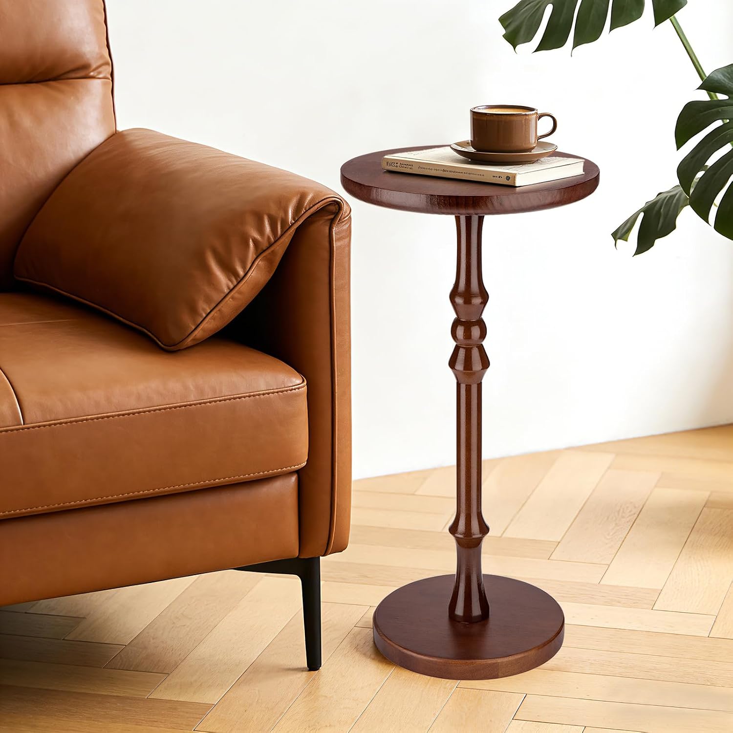 Round Side Table for Small Spaces, Drink Table with Oak Wood Pedestal Base, Modern Accent End Table or Nightstand for Living Room, Bedroom, Office, and Corners, Tool-Free Assembly, Brown