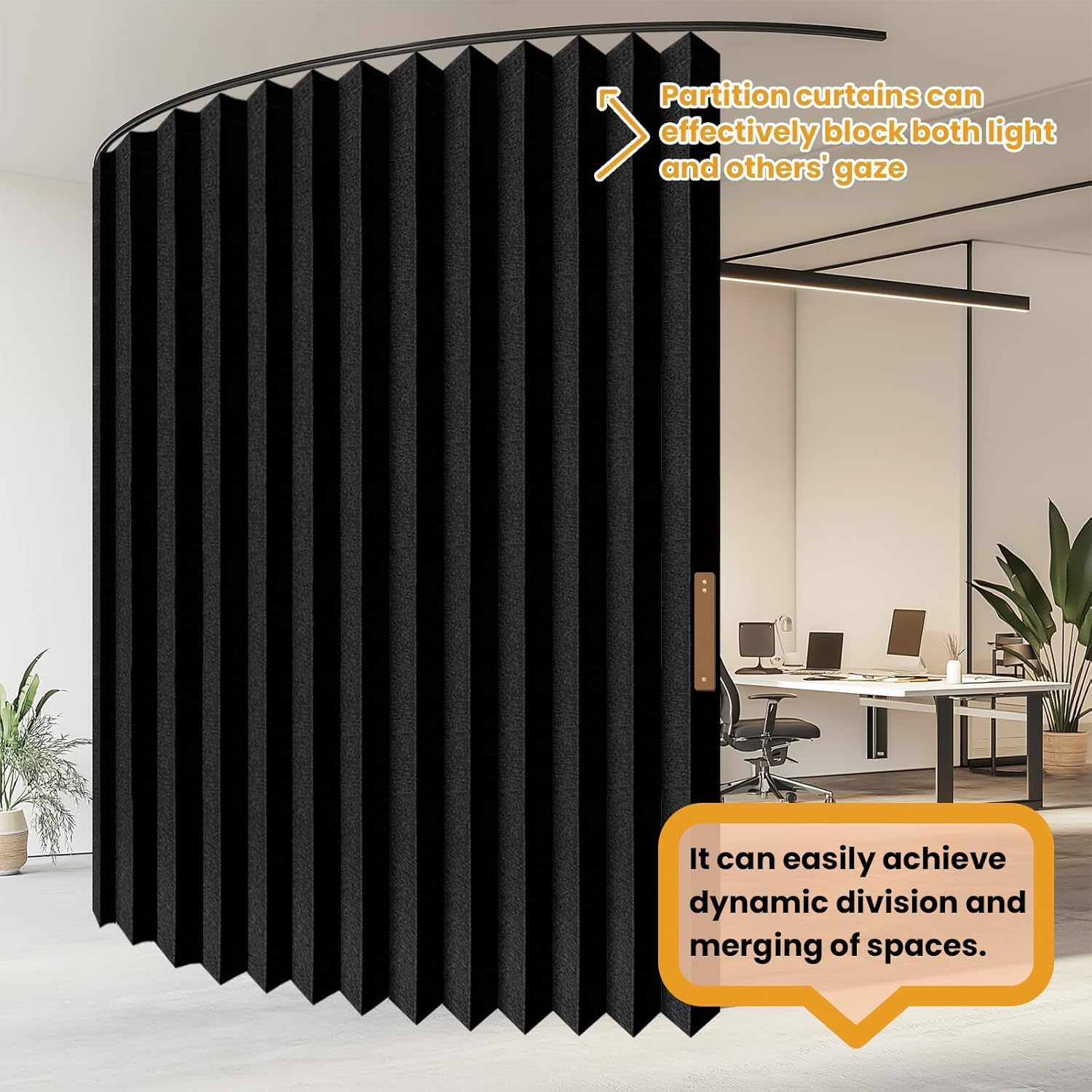 JILRON Accordion-Style Room Divider with Ceiling Track - Foldable Partition Curtain, Easy Installation(Black 100" W x 84" L-Pack of 1)