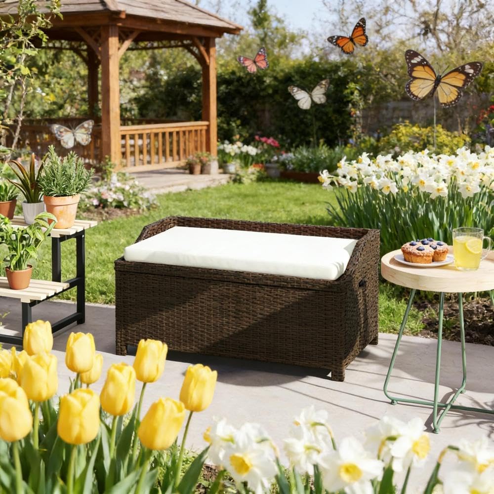 Outdoor Wicker Storage Bench with Lift Top Lid for Patio and Deck Organization