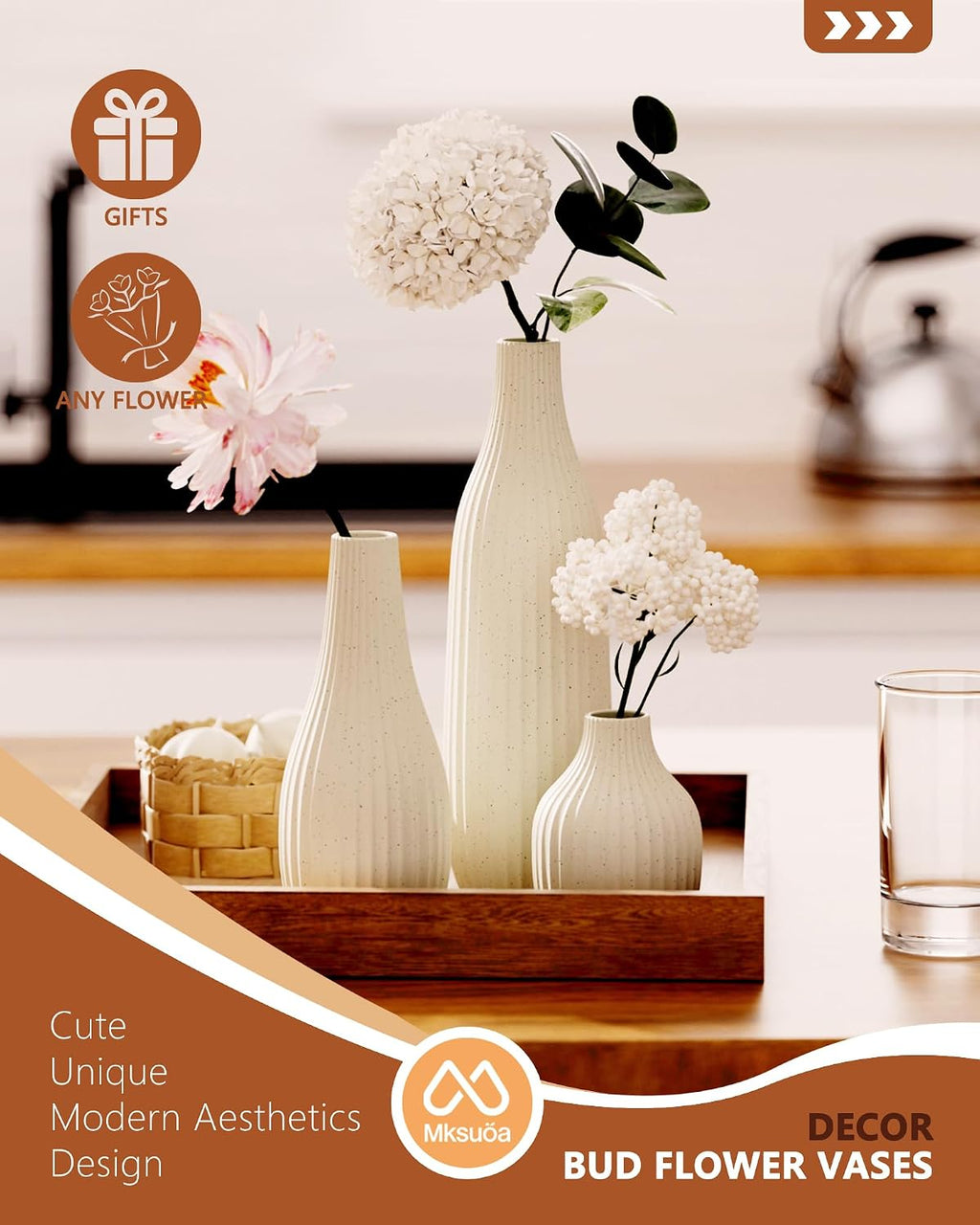 Decorative Flower Vase Set of 3 - Modern Boho Style Beige Vases, Ribbed Textures Ceramic Vase for Home Decor Shelf Bookshelf Mantle TV Stand Entryway Console, Dining Table Centerpiece Decor