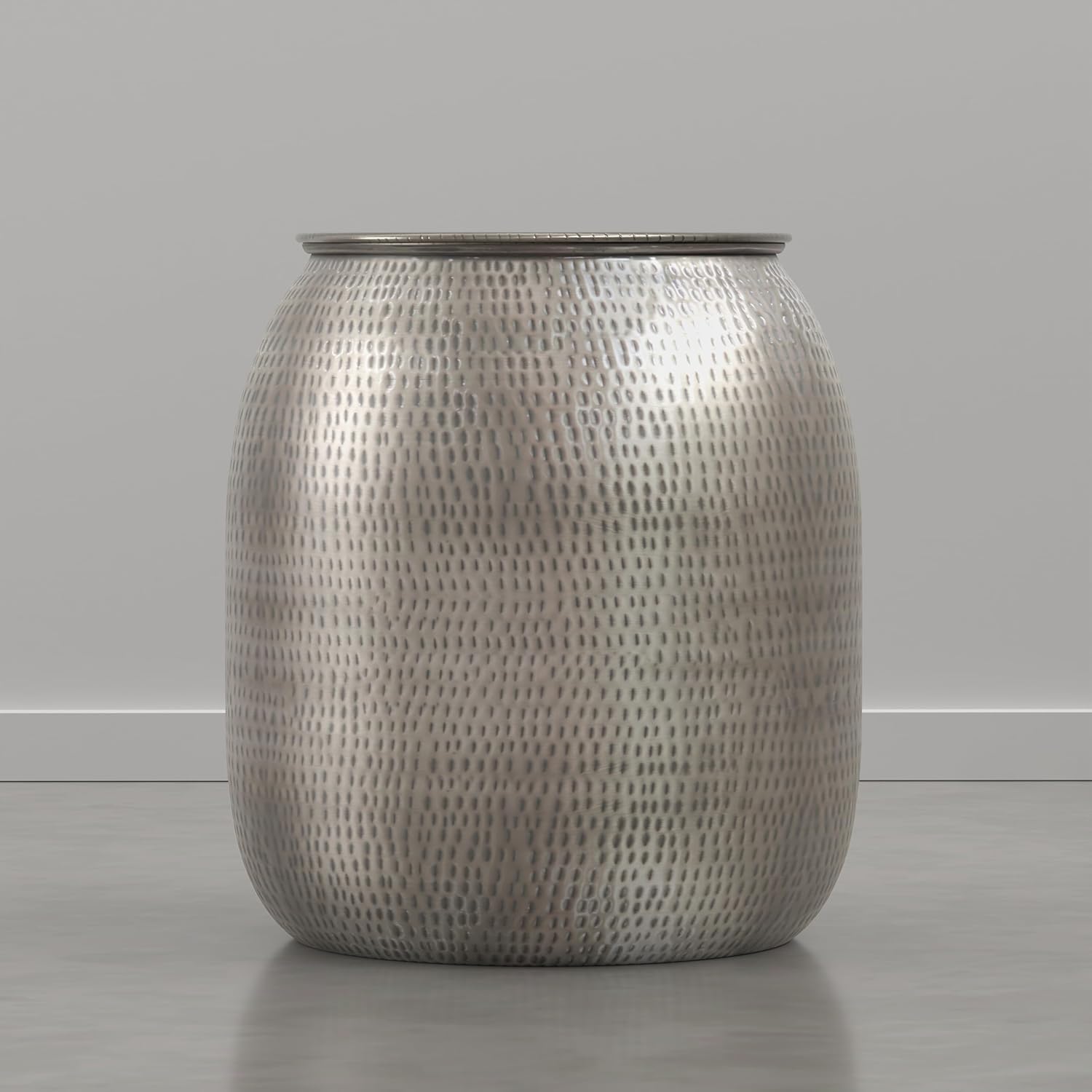 SIMPLIHOME Griffen Metal Storage Accent Table - 19 inch Wide Solid Metal Round Drum Side Table in Antique Nickel, Industrial End Table for Living Room with Hidden Storage Space, Assembled