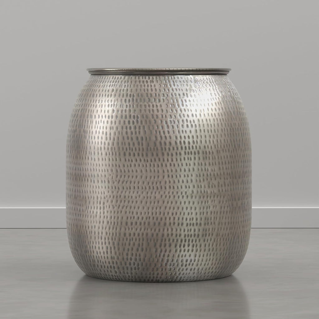 SIMPLIHOME Griffen Metal Storage Accent Table - 19 inch Wide Solid Metal Round Drum Side Table in Antique Nickel, Industrial End Table for Living Room with Hidden Storage Space, Assembled