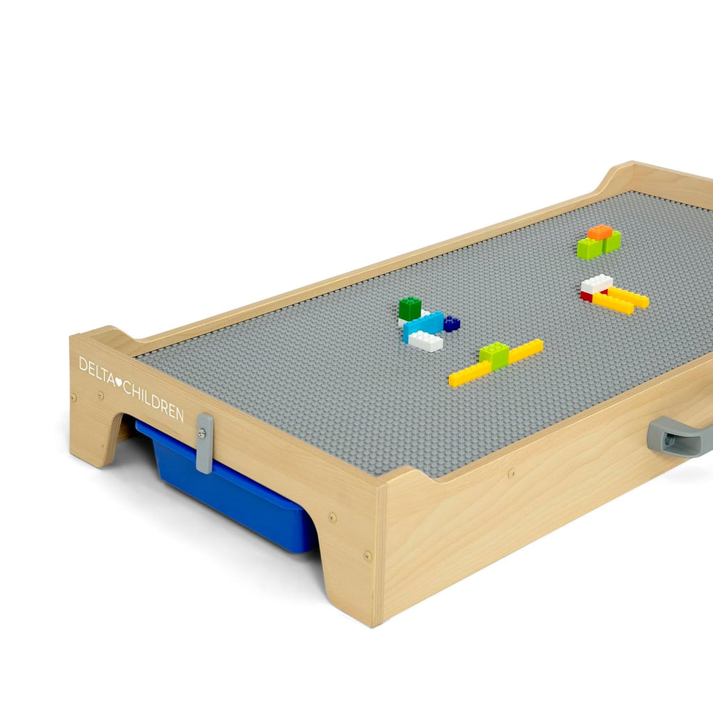 Delta Children Play N Store Building Bricks Play Table with 100+ Play Bricks Included - Large Brick Plate Compatible with LEGO, MegaBlocks & More - Legs Fold for Easy Under Bed Storage, Grey