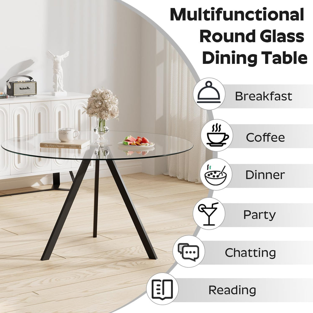 Round Dining Table for 4, 47" Modern Glass Dining Table, Leisure Coffee Table, Kitchen Circle Dinner Table, Saving Space(Black)