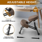 PU Leather Ergonomic Kneeling Chair, Adjustable Home and Office Stool with Thick Pads and Flexible Lockable Brake Wheels for Back Pain Relief（Coffee Brown）