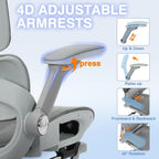 Ergonomic Mesh Office Chair with Footrest, High Back Desk Chair with 4D Armrests, 3-Zone Dynamic Lumbar Support, Ergonomic Office Chair with Wheels (Silver Gray)