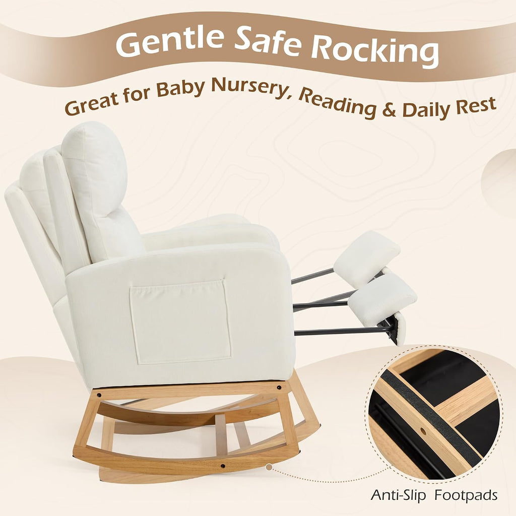 AVAWING Nursery Rocking Chair with Footrest,Upholstered, Side Pocket,Beige