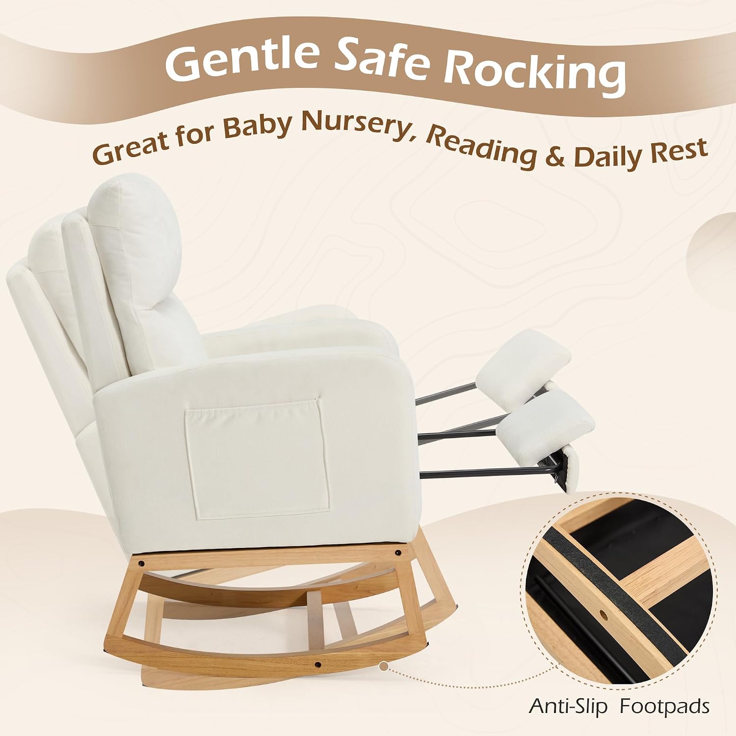 AVAWING Nursery Rocking Chair with Footrest,Upholstered, Side Pocket,Beige
