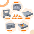 MeMoreCool Dinosaur Glow Foam Kids Play Couch Set, Gray Modular Sofa & Lounger – Glow-After-Light Dinosaur Pattern, Machine-Washable Cover