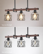 Industrial Pendant Light Fixture, 3-Light Kitchen Island Lighting with Wood Grain Bar and Black Metal Cage, Farmhouse Rustic Hanging Ceiling Lamp for Dining Room, Living Room