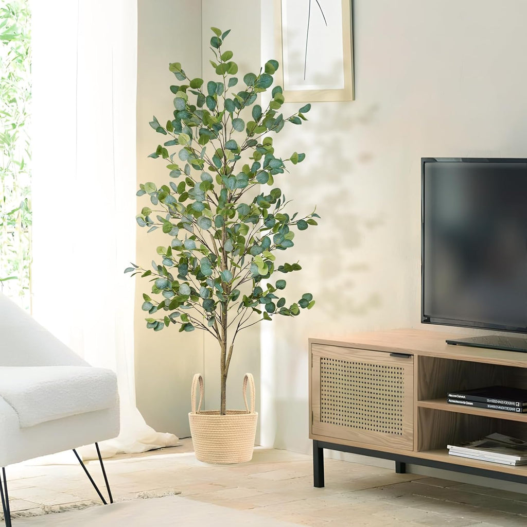 Caxchiling Faux Eucalyptus Tree 6FT, Artificial Potted Tree for Indoor Outdoor, Fake Floor Plants with Natural Wood Trunk, Home Office Living Room Bedroom Decor