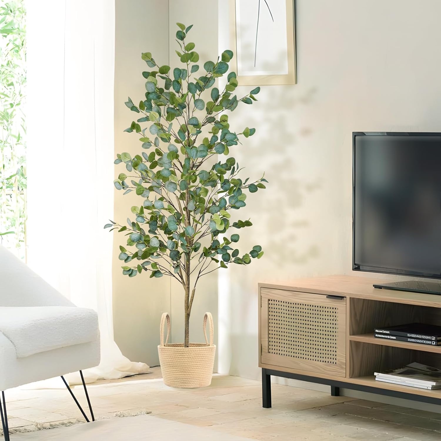 Caxchiling Faux Eucalyptus Tree 6FT, Artificial Potted Tree for Indoor Outdoor, Fake Floor Plants with Natural Wood Trunk, Home Office Living Room Bedroom Decor