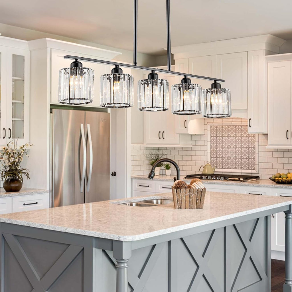 36" Black Chandeliers for Dining Room Light Fixtures over Table, 5-Light Black Linear Farmhouse Pendant Lights Kitchen Island Lighting, Adjustable Island Lights for Kitchen with K9 Cystal Shades E26