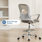 DUMOS Drafting Chair - Ergonomic Tall Office for Standing Desk, Counter with Height Adjustable and Comfortable Lumbar Support, Fixed Armrests, Grey