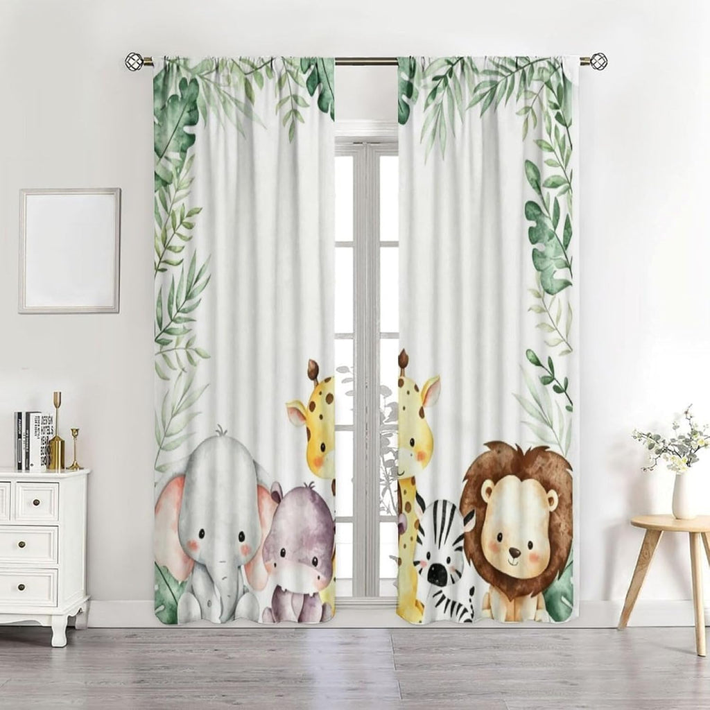 Nursery Curtains Jungle Safari Toddler Theme, Cartoon Animal Lion Elephant Giraffe Palm Leaf Print Rod Pocket Window Drapes for Bedroom Living Room, 2 Panels W52xL84 Inch