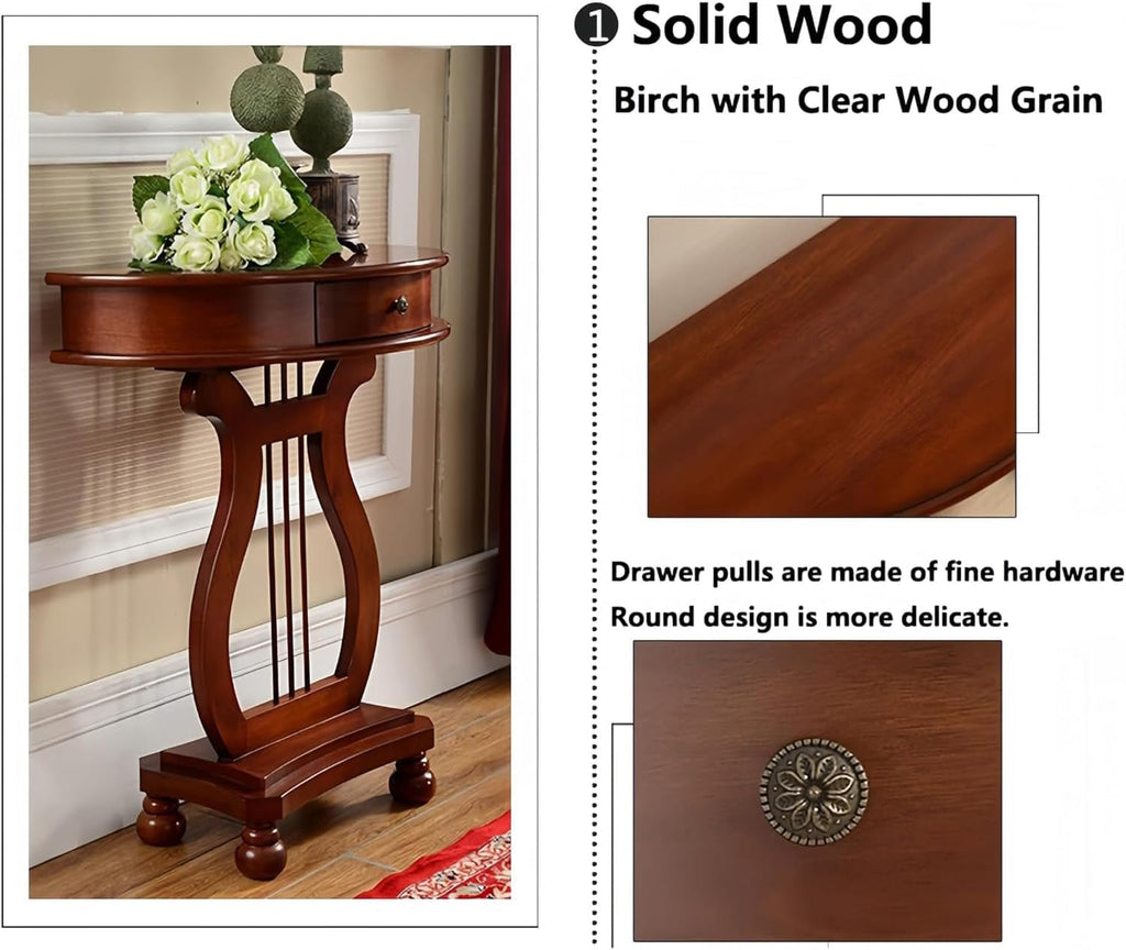 Half Moon Shaped Entryway Side Table, Narrow Semi Circle Console Table, Solid Wood Accent Table with Drawer, Perfect for Hallway, Living Room & Entryway Use (Cherry, 23.6"L * 11.8"W * 30.3"H in, Wood)