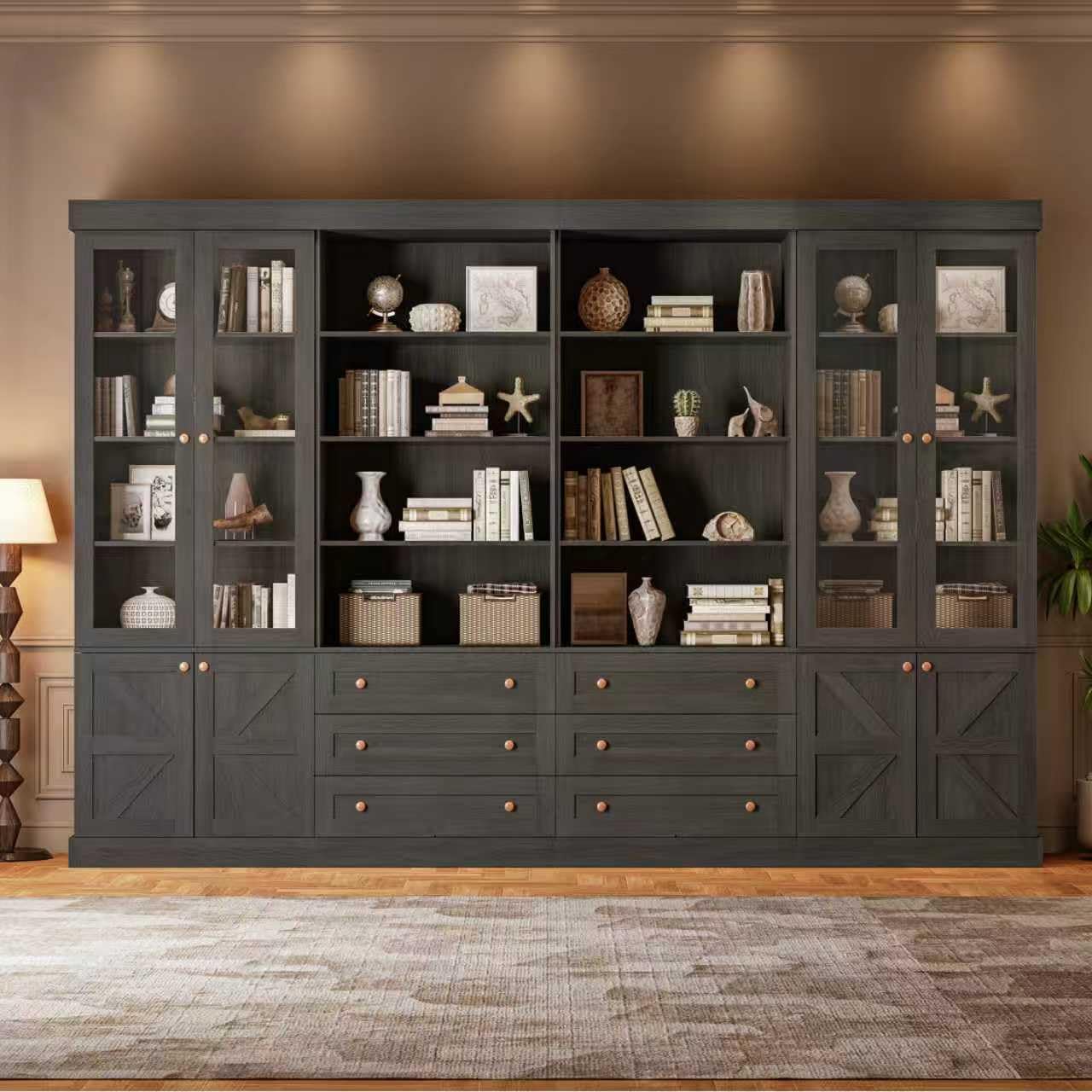 Vyre 71" Tall Farmhouse Bookshelves with Glass Doors and Drawers, Large Modular Bookcase with Adjustable Shelves, Wooden Storage Cabinet for Living Room, Kitchen, Black, Set of 4