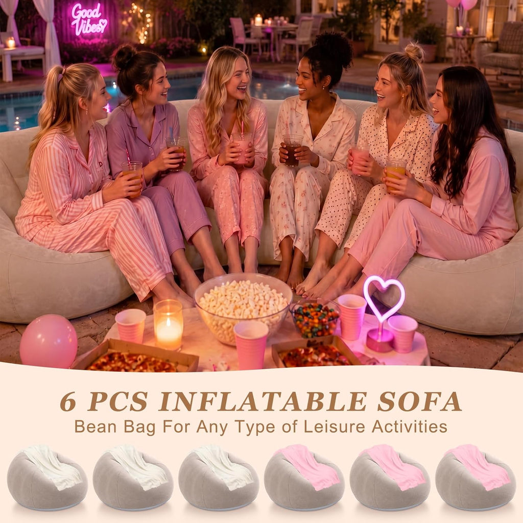 Huwena 12 Pcs Inflatable Bean Bag Chair and Throw Blankets Set(Air Pump Included), 6 Inflatable Bean Bag Lounge Chair Blow up Sofa 6 Fleece Throw Blankets for Movie Night Camping Outdoor(Coffee)