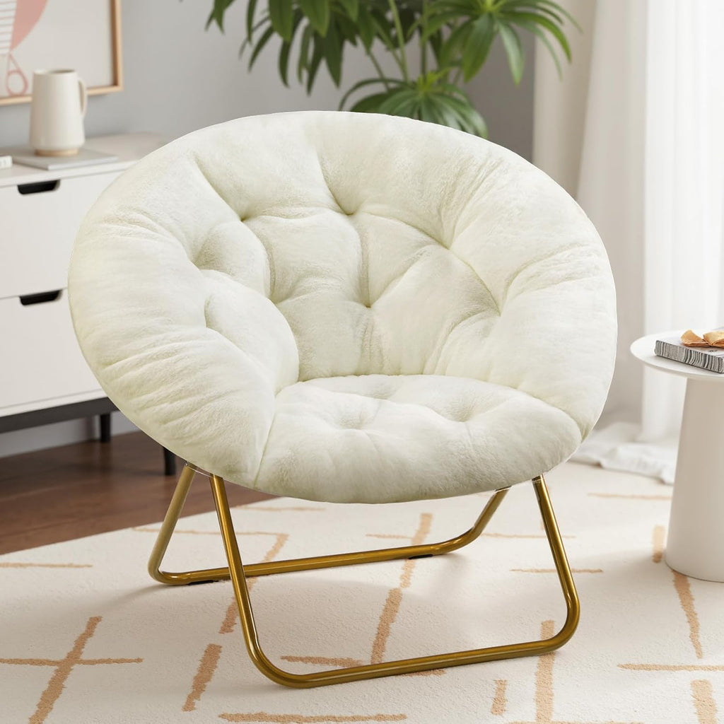 DUMOS Saucer Chair, Cozy Faux Fur Folding Chair with Sturdy Metal Frame, Oversized Soft Plush Round Lounge for Bedroom Living Room Dorm, Anti-Slip Portable Moon Seat, White