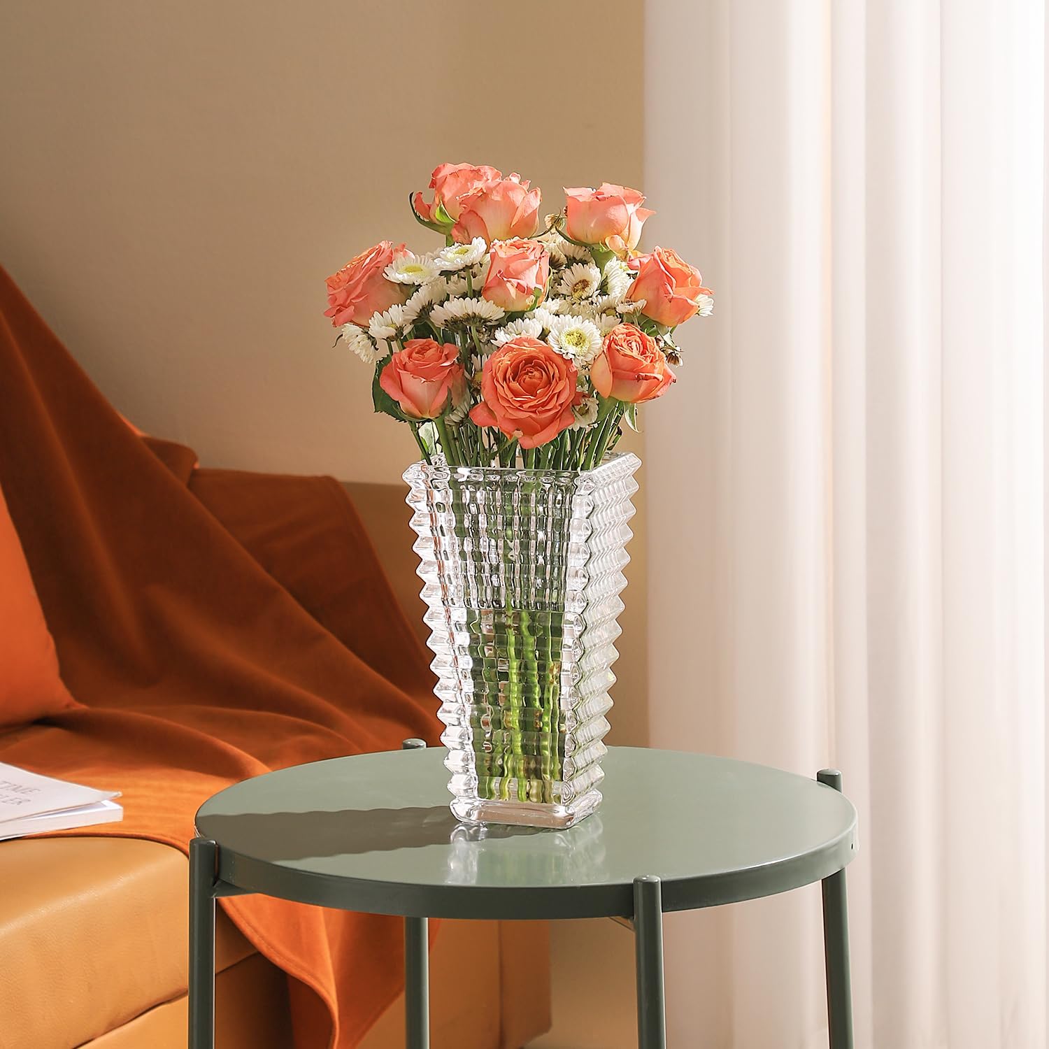 MCMCNCUIU Crystal Vase, Large Crystal Vases for Flowers, Clear Large Flower Vase, Modern Glass Vases for Living Room, Bedroom, Kitchen, Dining Table, Mantle, Wedding, 9 Inches