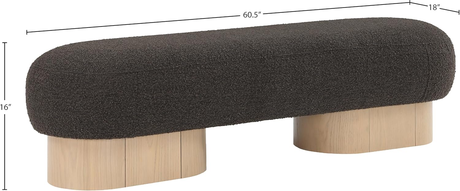 Meridian Furniture 22001Brown Robertson Collection Art Deco Bench with Luxurious Brown Boucle Fabric and Rich Natural Oak Finish, 60.5" W x 18" D x 16" H, Brown