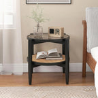 Giantex Rattan Round End Table, Boho Nightstand with Tempered Glass Top & Acacia Wood Legs, 2-Tier Side Table with Storage, Bedside Tables for Small Spaces Living Room Bedroom (Black)