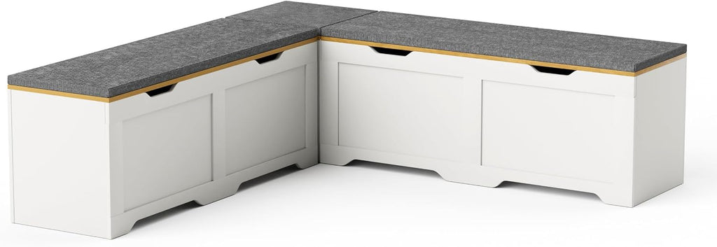 3-Piece L-Shaped Multi-Functional Storage Bench with Cushion, Serving as a Kitchen Corner Bench, Toy Storage Box, or Reading Nook seat., White and Natural, 63" D x 63" W x 19.1" H