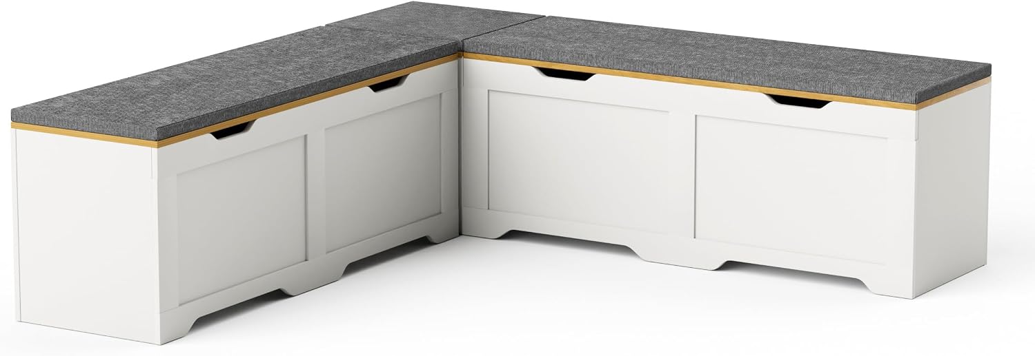 3-Piece L-Shaped Multi-Functional Storage Bench with Cushion, Serving as a Kitchen Corner Bench, Toy Storage Box, or Reading Nook seat., White and Natural, 63" D x 63" W x 19.1" H
