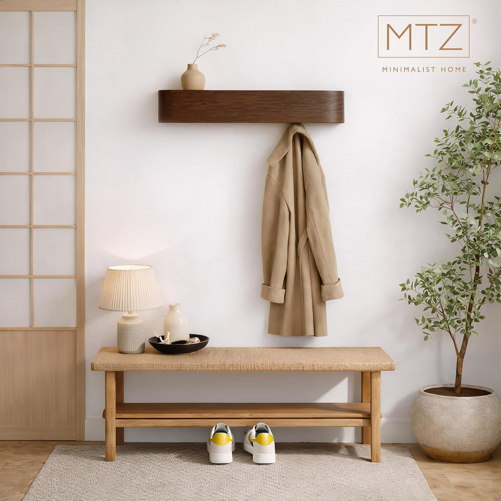 MTZ Solid Wooden Wall Mounted Coat Rack with Shelf & 5 Hidden Hooks – Modern Entryway Coat Hanger, Wood Coat Rack for Jackets, Bags & Keys, Minimalist Wall Hook Rack (Walnut)