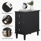 LITTLE TREE Fully Assembled End Table, Set of 2, Narrow Bedside Table with 3 Drawers, Vintage Nightstand for Small Spaces, Living Room, Bedroom, Black