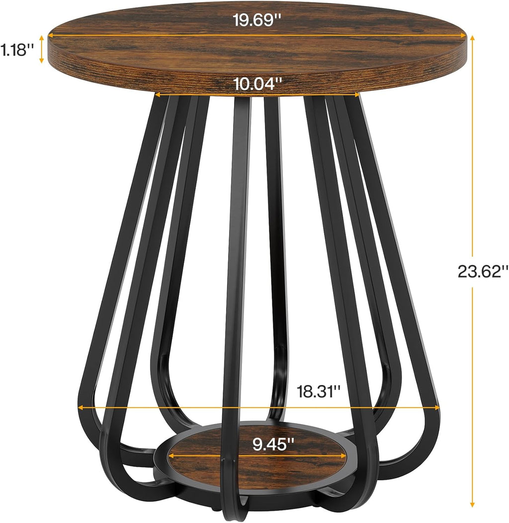 Tribesigns Small Round Side Table, 2-Tier Sofa End Table with Metal Frame and Lower Shelf, Wooden Bedside Nightstand for Small Spaces, Living Room, Bedroom, Vintage Brown & Black
