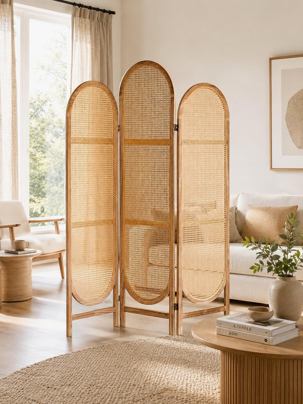 3 Panel Room Dividers and Folding Privacy Screens, Wooden Room Divider with Bi-Directional Hinge, Pre-Assembled Hand-Made Rattan Privacy Dividers for Balcony, Bedroom, Hotel Decorations