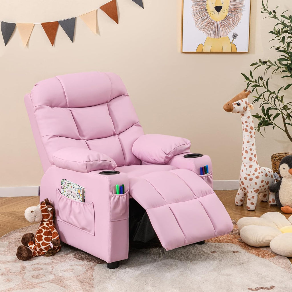 Kids Recliner, Kids Recliner Chair w/ 2 Cup Holders, PU Leather Chairs Comfy w/Adjustable Backrest & 3 Pockets, Toddler Furniture Sofa for Boys Girls Aged 3+
