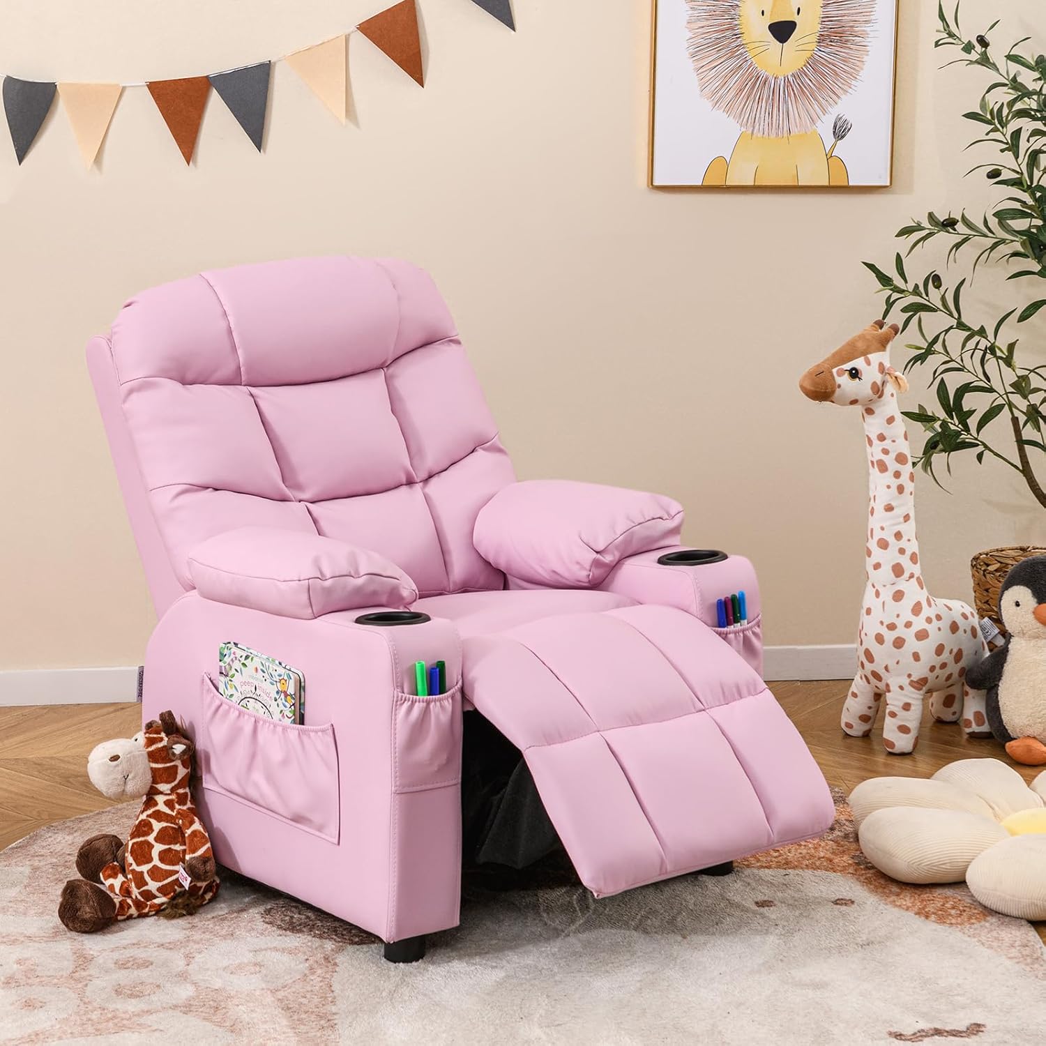 Kids Recliner, Kids Recliner Chair w/ 2 Cup Holders, PU Leather Chairs Comfy w/Adjustable Backrest & 3 Pockets, Toddler Furniture Sofa for Boys Girls Aged 3+