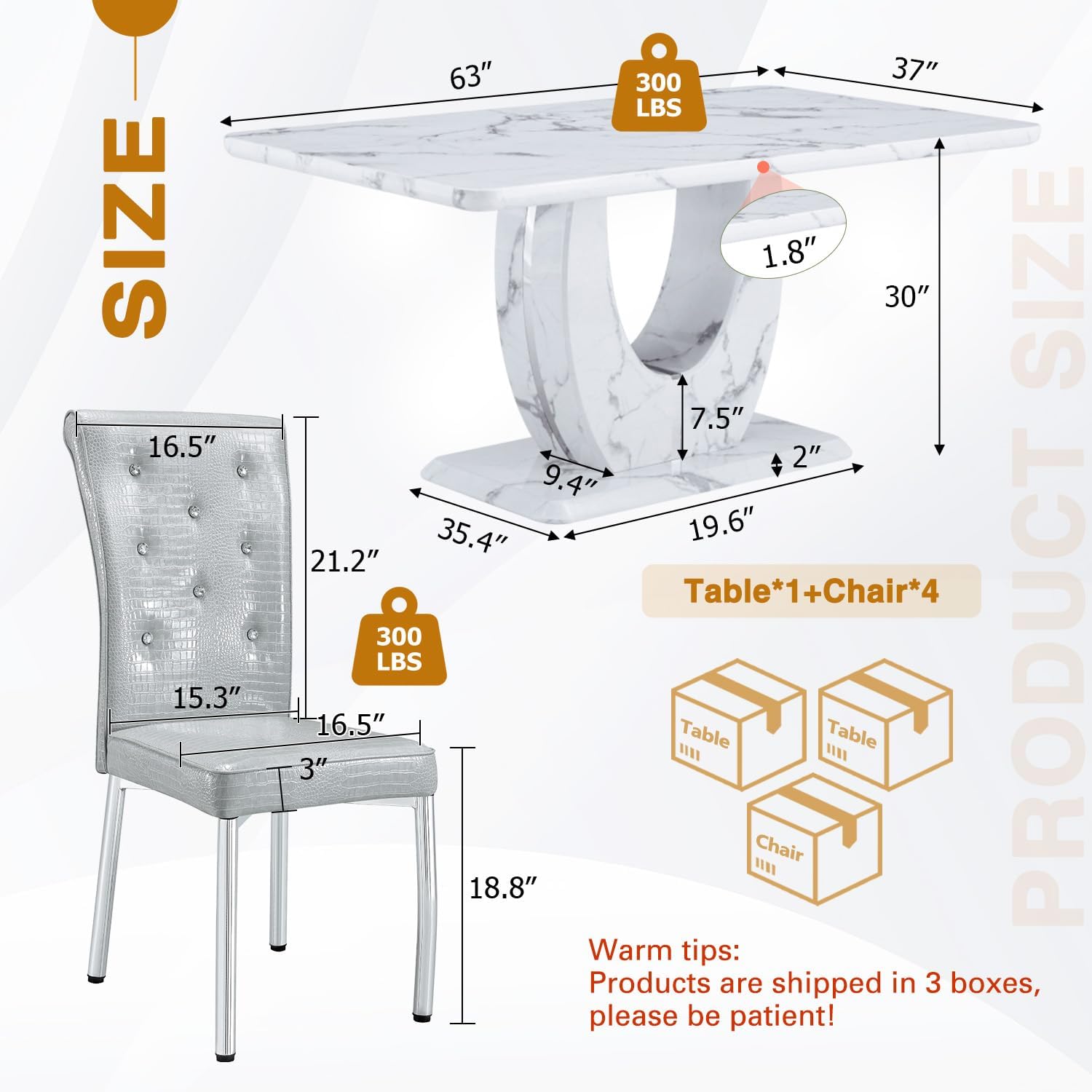 Modern Faux Marble Dining Table Set for 4, 63" White Rectangular Kitchen Table with Elegant U-Shaped Pedestal Base & 4 Tufted Upholstered High-Back Chairs, Luxury 7-Piece Dining Room Furniture Set