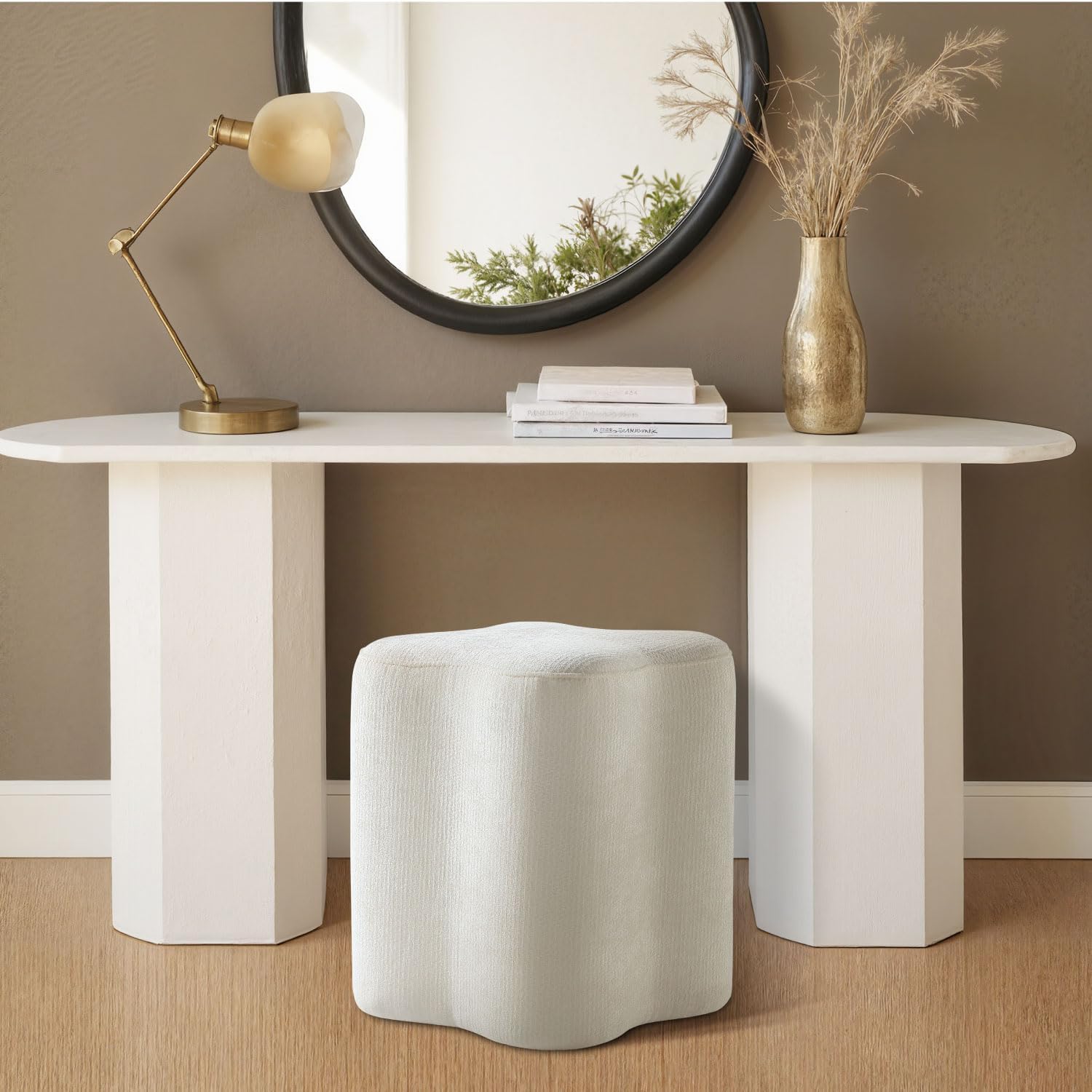Get Set Style 14.4 Inch Flowers Shaped Ottoman,Modern Chenille Ottoman Vanity Stool for Living Room Comfortable Pouf,Stylish Sofa Foot Rest (White)