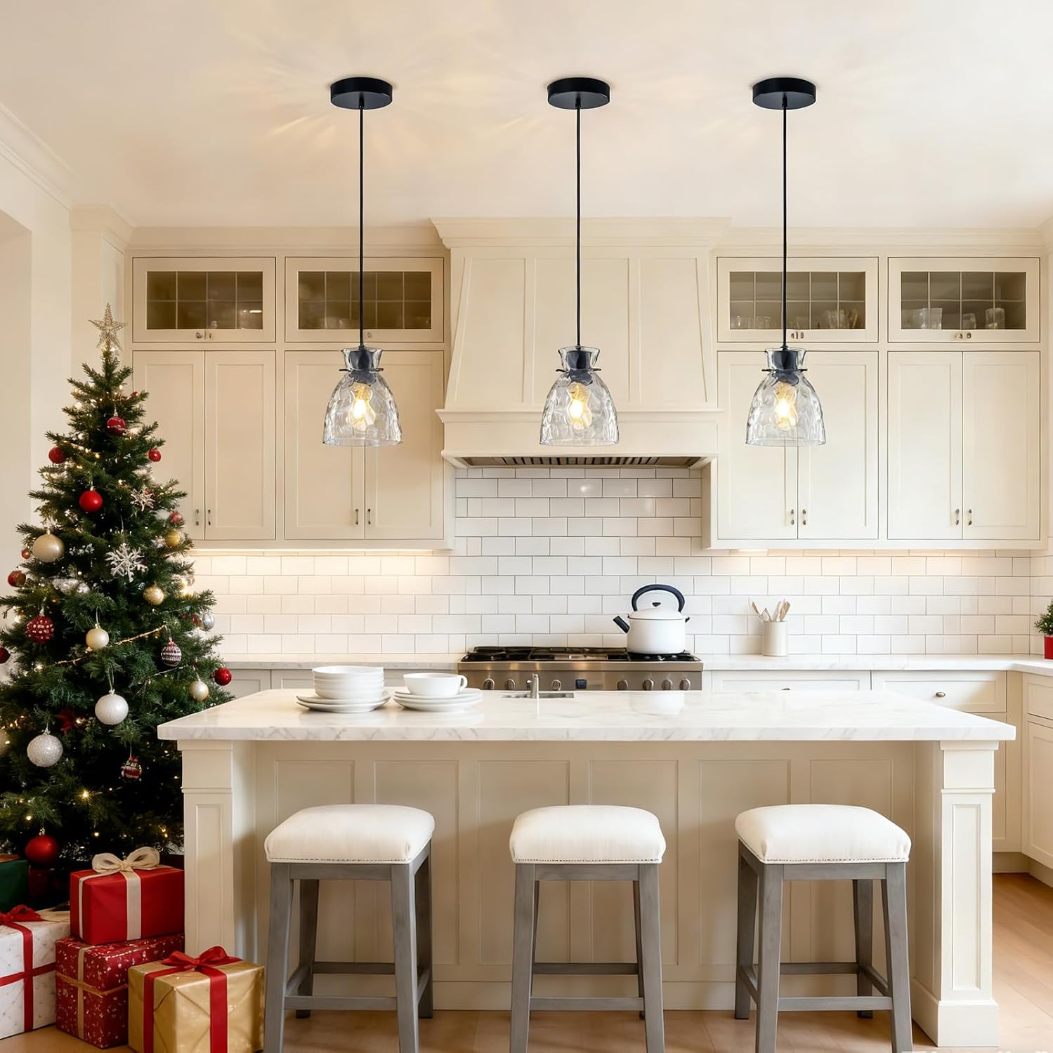 5.9” Mini Hammered Glass Black Pendant Lights Kitchen Island 2 Pack, Small Farmhouse Pendant Light Fixtures, Adjustable Modern Hanging Lighting Kitchen Pendant Lights over Island Sink Dining Room