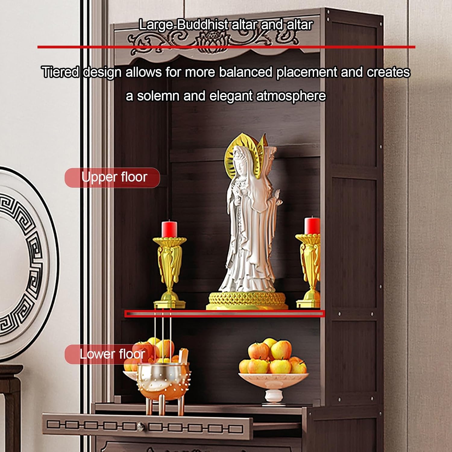 Meditation Table with Storage, Bamboo Buddhist Altar Cabinet, Personal Shrine Altar Table, Chinese Pooja Prayer Cabinet, for Living Room, Bedroom, Office(70cm/27.5in)