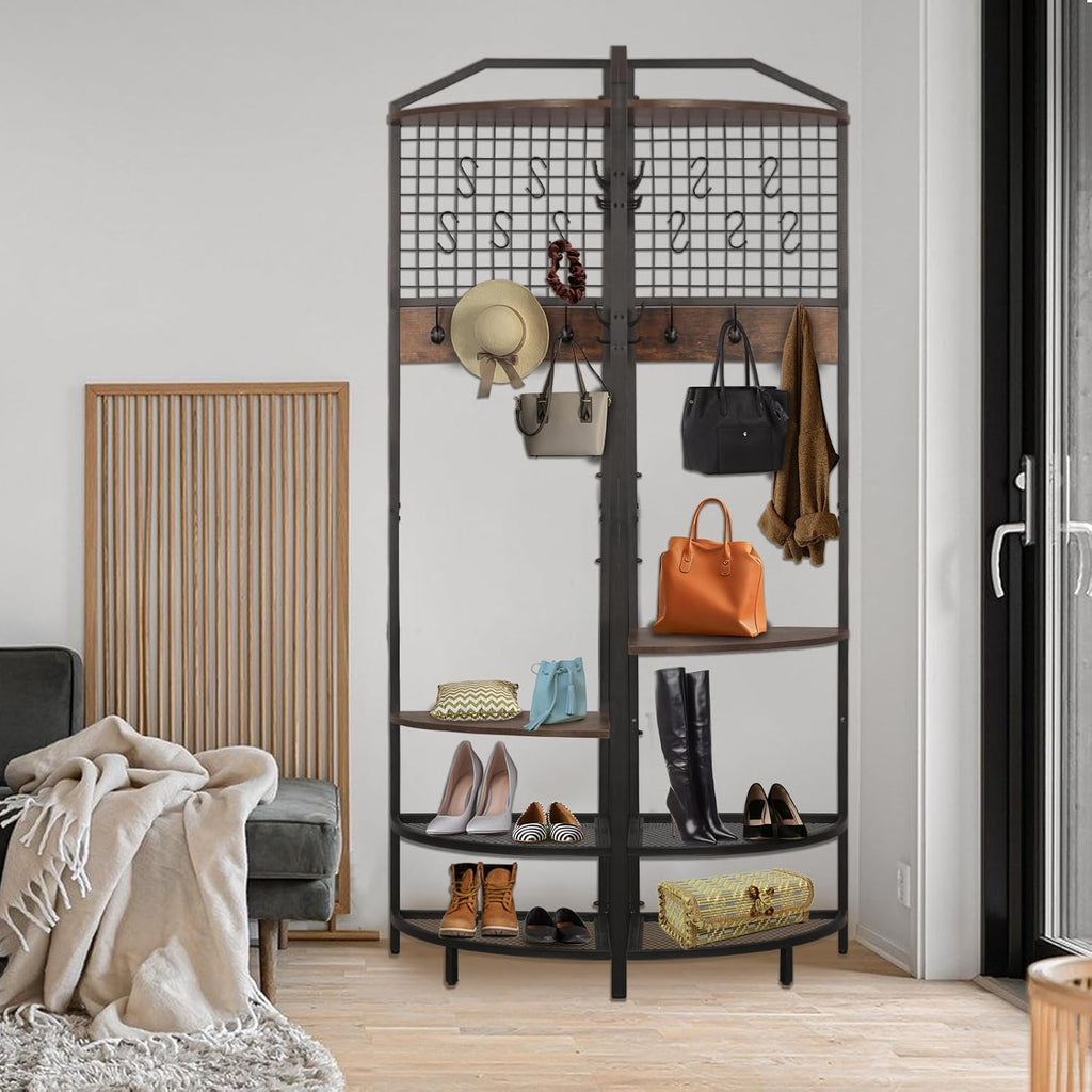 Corner Coat Rack, Coat Rack with Shoe Storage, Hall Tree with Bench and Shoe Storage, Freestanding Shelves with 14 Hook for Entryway, Hallway,Bedroom (Corner)