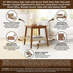 23" Mid-Century Side Table with Woven Shelf, Boho Side Table with Storage, Compact Nightstand for Bedroom Living Room Couch Patio Home Office, Wooden Accent Table