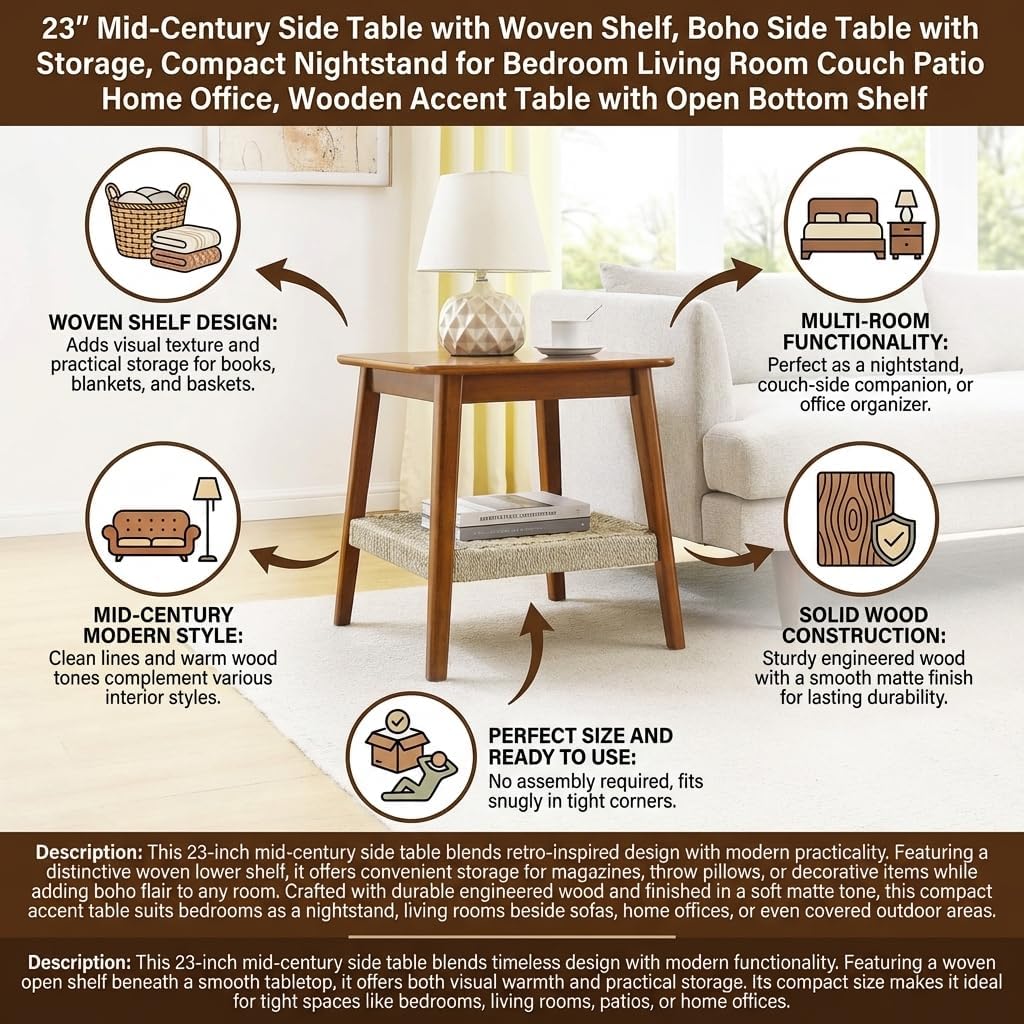 23" Mid-Century Side Table with Woven Shelf, Boho Side Table with Storage, Compact Nightstand for Bedroom Living Room Couch Patio Home Office, Wooden Accent Table