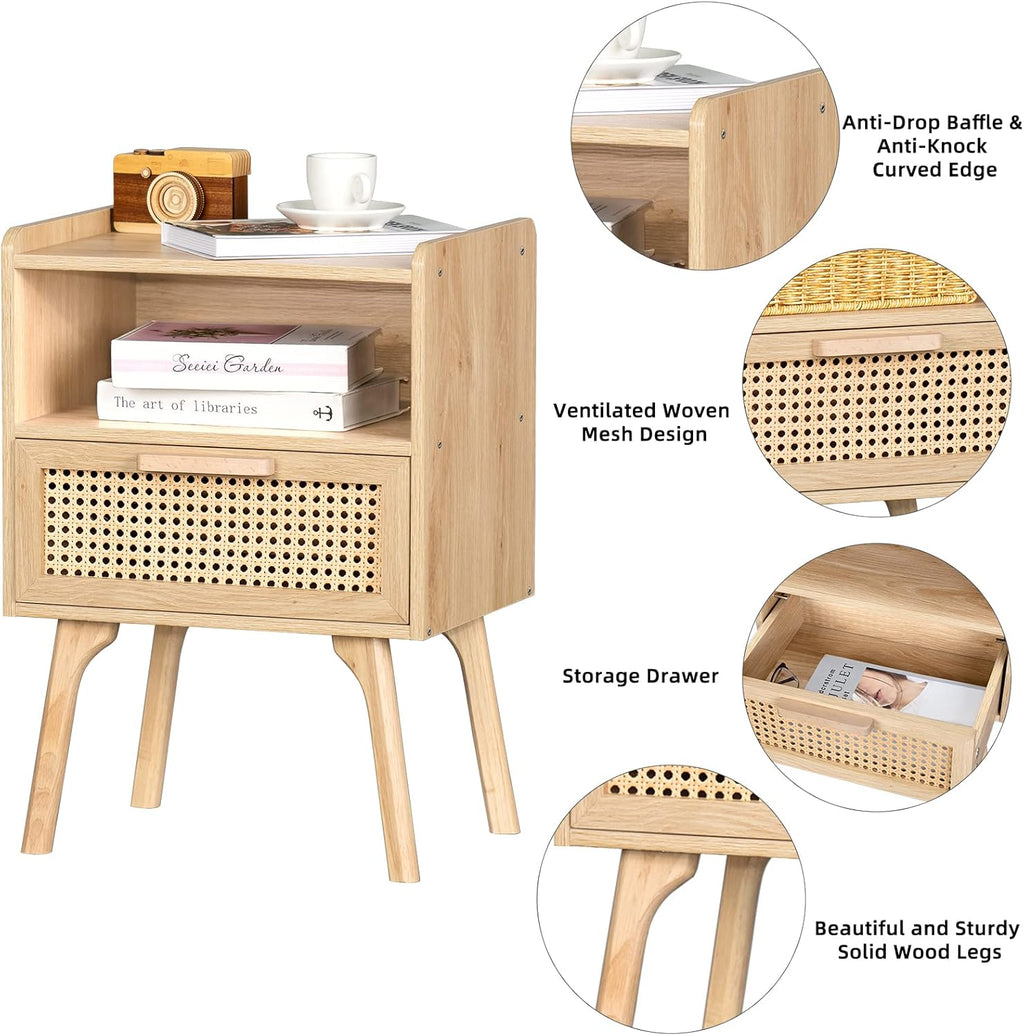 Lerliuo Rattan Nightstand, Boho Side Table with Drawer Open Shelf | Cane Accent Bedside End Table with Solid Wood Legs for Bedroom, Dorm and Small Spaces (Natural)