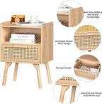 Lerliuo Rattan Nightstand, Boho Side Table with Drawer Open Shelf | Cane Accent Bedside End Table with Solid Wood Legs for Bedroom, Dorm and Small Spaces (Natural)