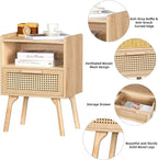 Lerliuo Rattan Nightstand, Boho Side Table with Drawer Open Shelf | Cane Accent Bedside End Table with Solid Wood Legs for Bedroom, Dorm and Small Spaces (Natural)