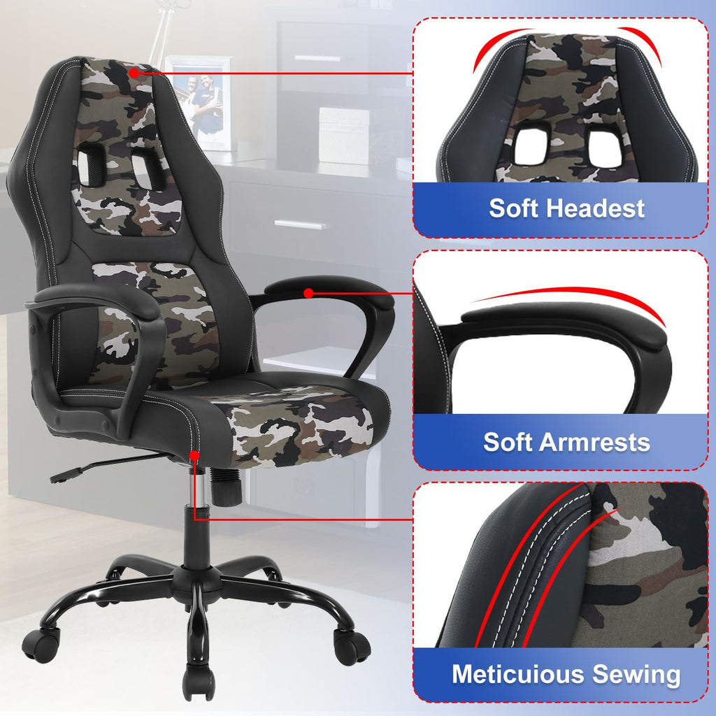 Gaming Chair PU Leather Chairs Ergonomic Office Chair Executive Computer Chairs High Back Computer Task with Lumbar Support Adjustable Height, Camo