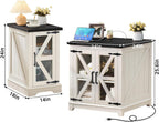 Joaxswe Farmhouse End Table Set 2, Narrow 18'' Night Stand with Glass Barn Door, 24" Square Side Table with Charger Station, Living Room Furniture Sets, Wood Nightstand Bedside Tables for Bedroom