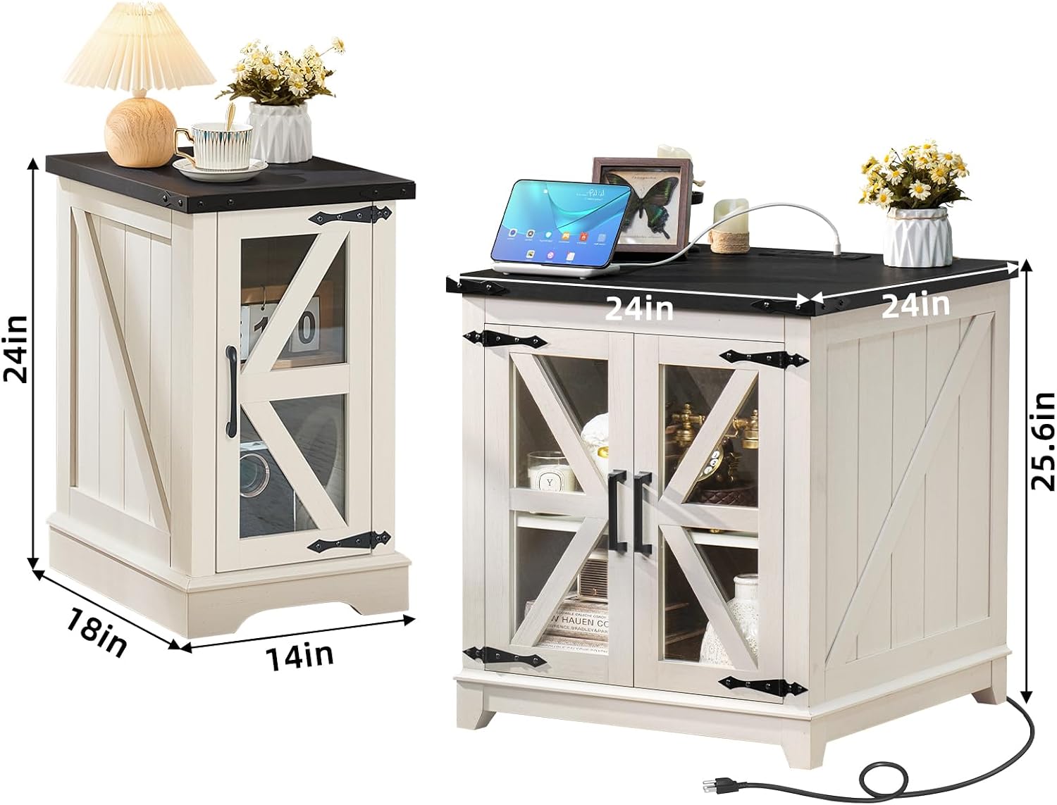 Joaxswe Farmhouse End Table Set 2, Narrow 18'' Night Stand with Glass Barn Door, 24" Square Side Table with Charger Station, Living Room Furniture Sets, Wood Nightstand Bedside Tables for Bedroom